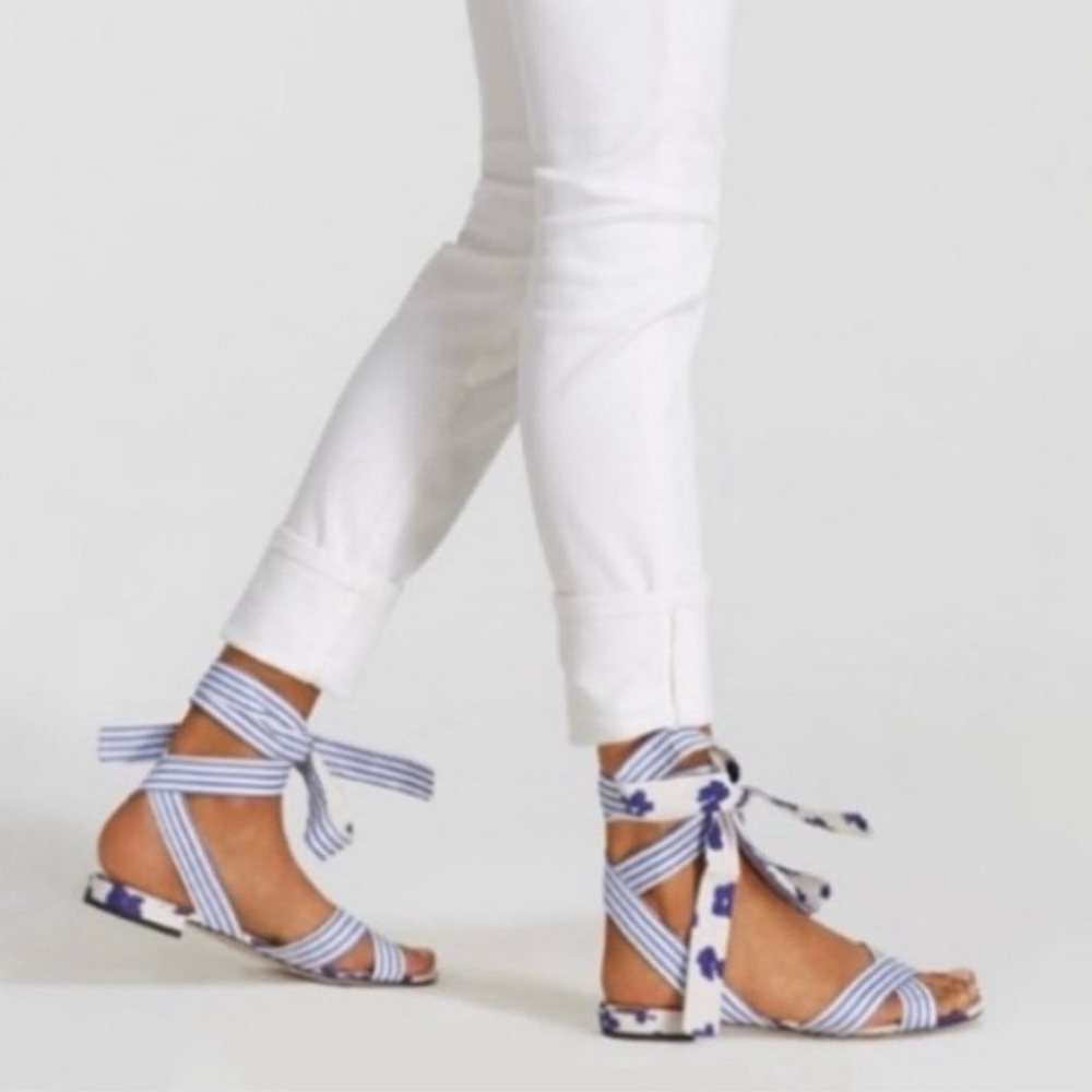 Cabi Watercolor Tied Up Sandals Shoes Blue White Stripe Floral #6013
